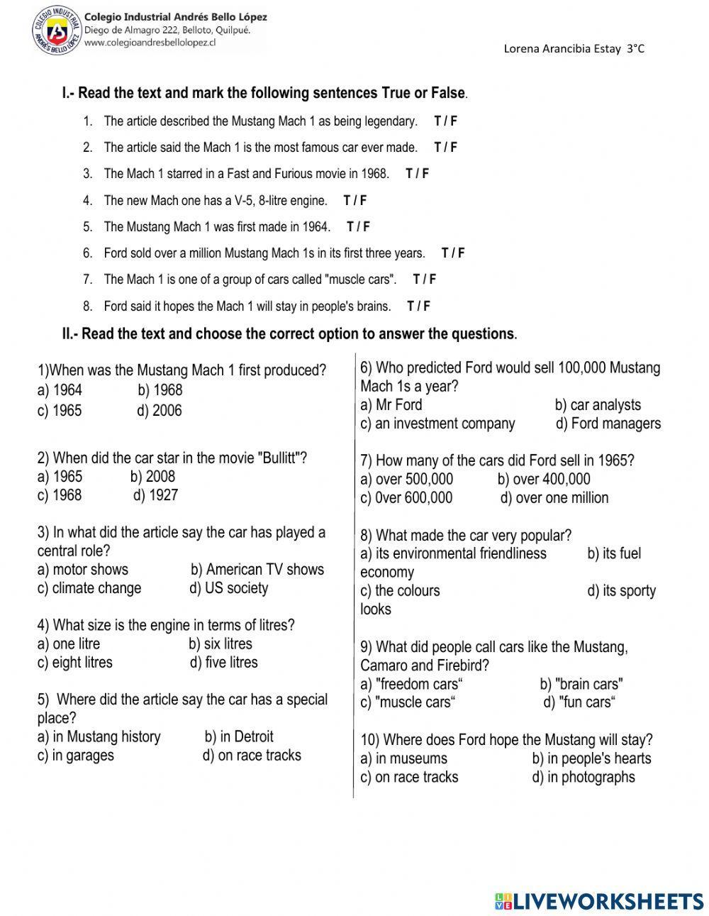Reading comprehension: Mustang