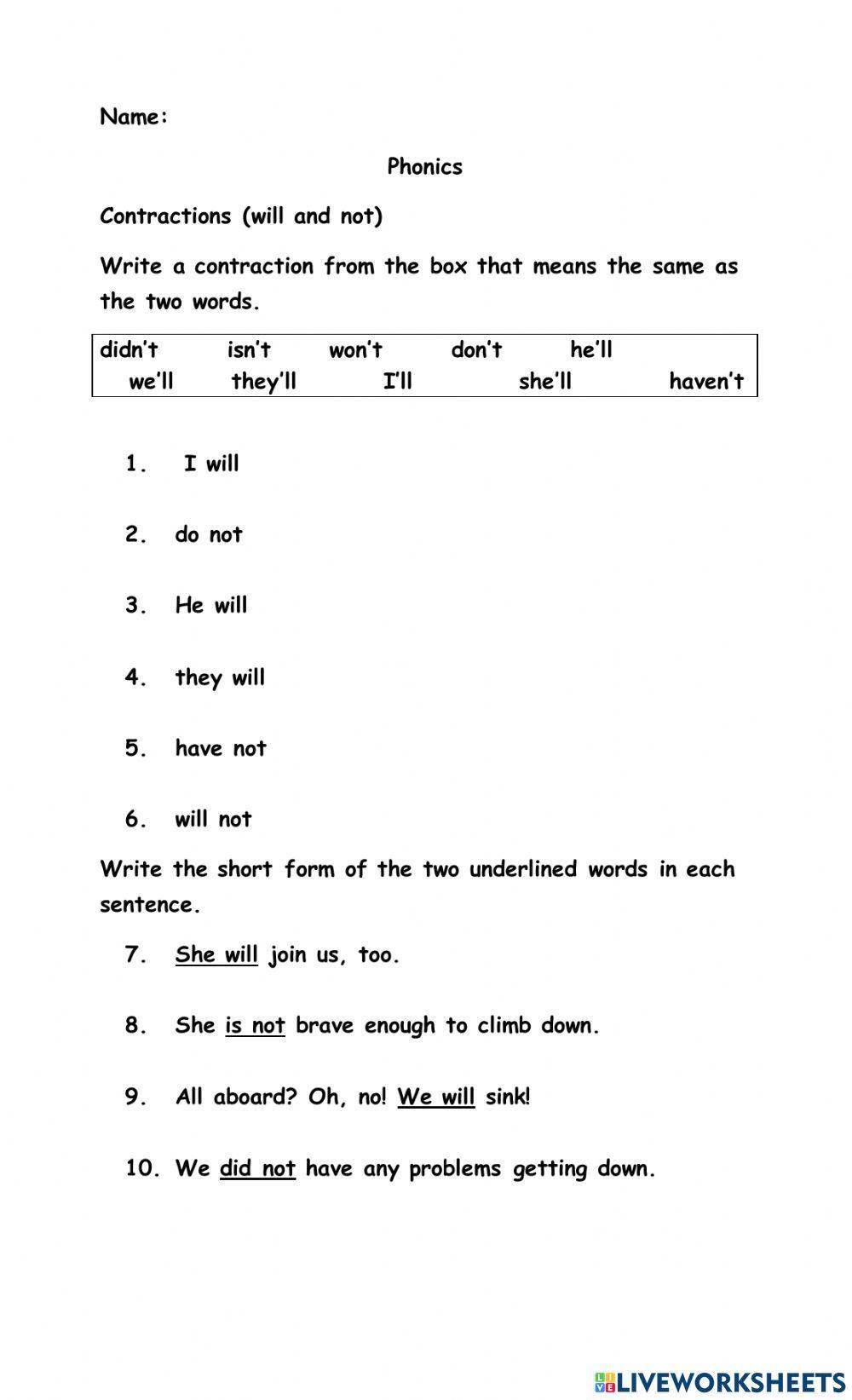 Contractions (will & not)