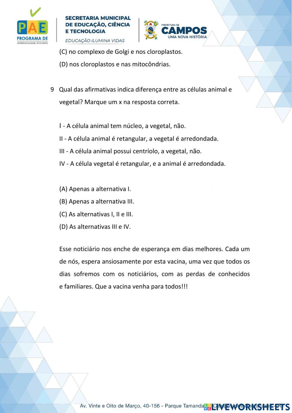 Avaliação diagnóstica 9 ano