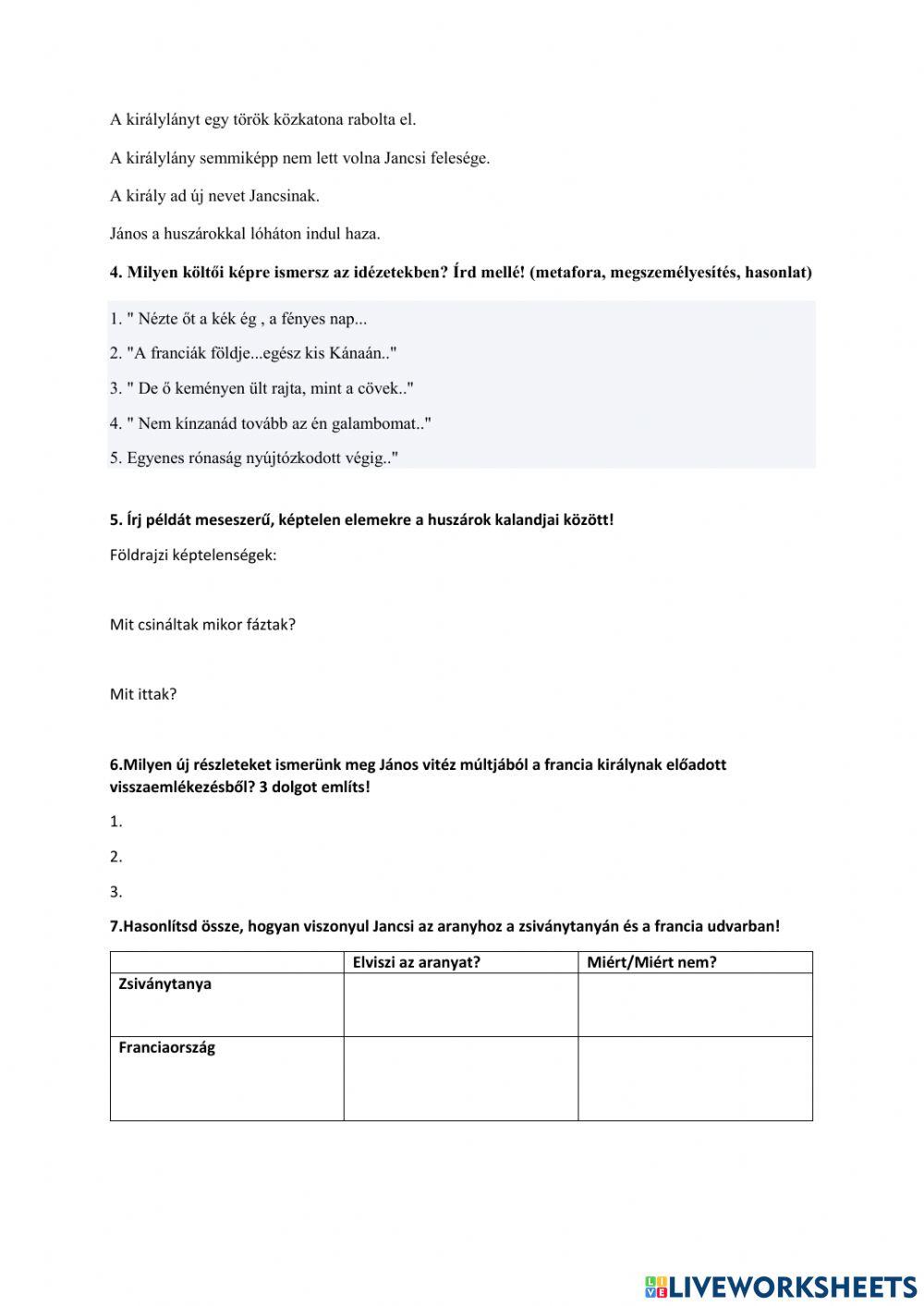 János vitéz (részösszefoglalás)