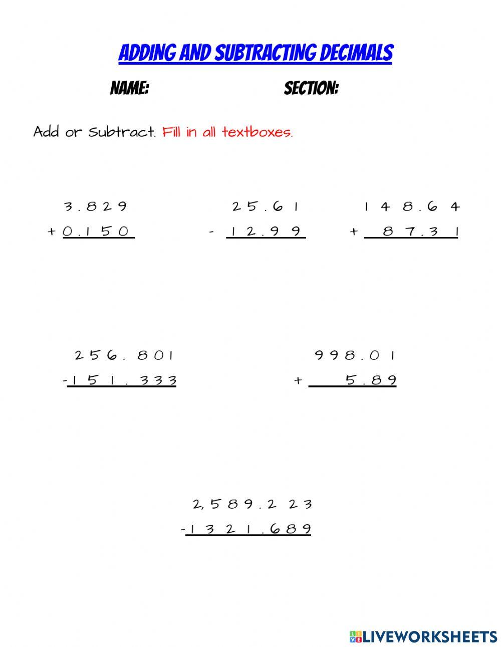 Adding and Subtracting Decimals Adding and Subtracting Decimals