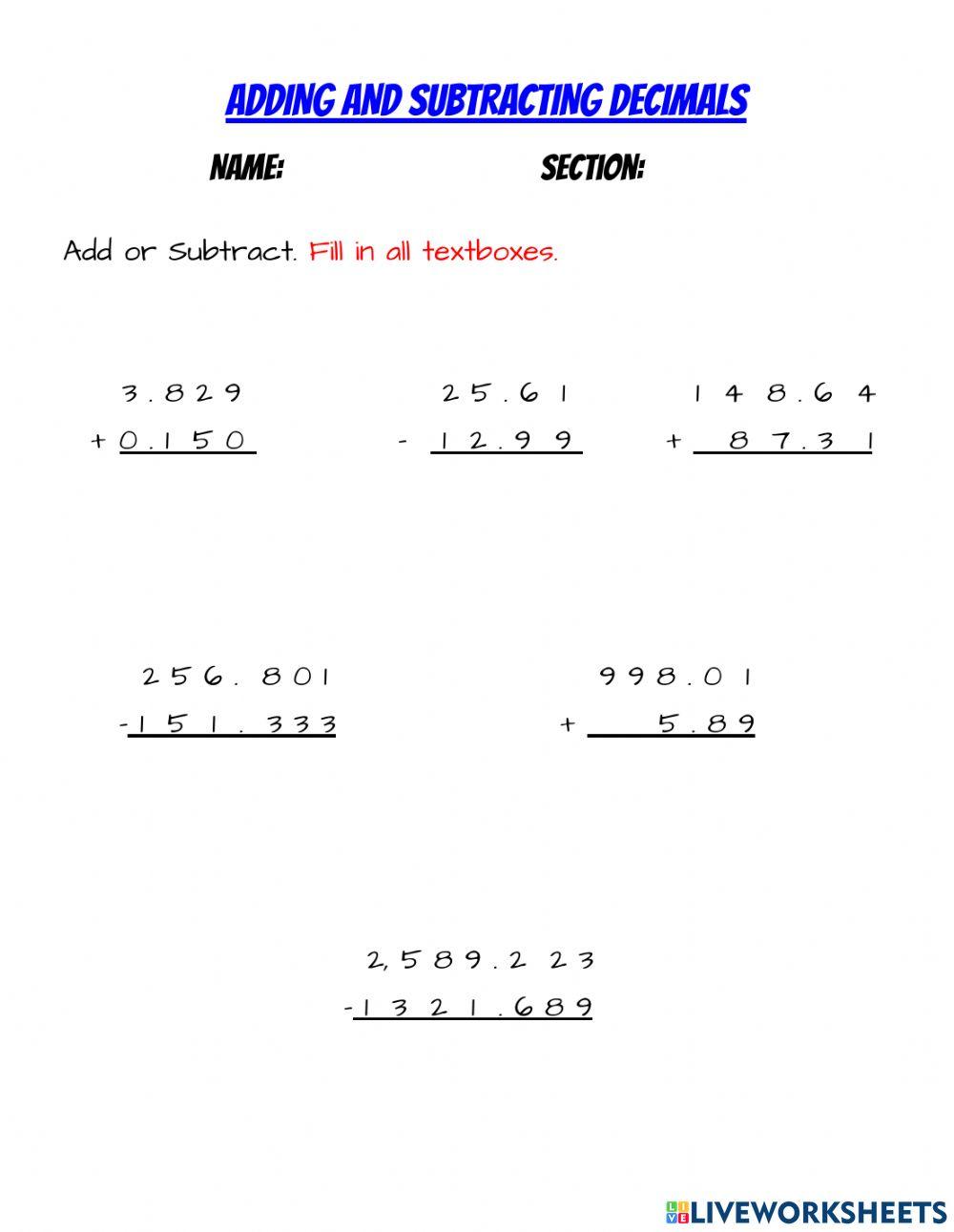 Adding and Subtracting Decimals