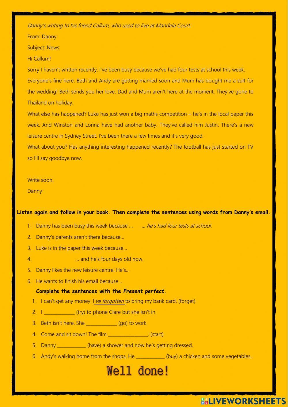 Reading comprehension and Present perfect