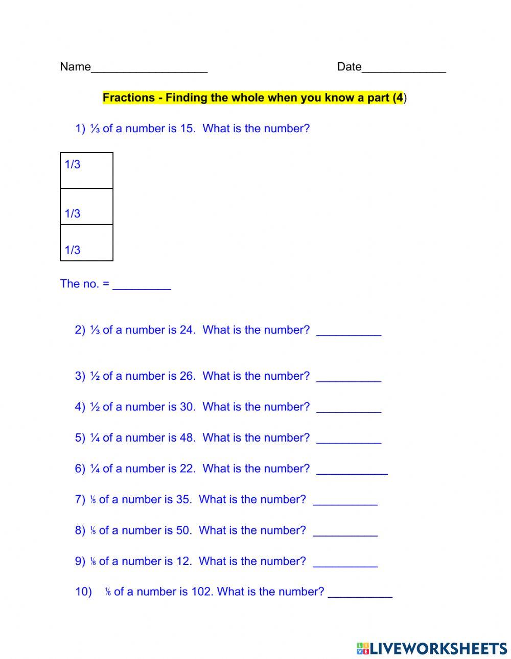 Fractions - Finding the whole when you know a part (4)
