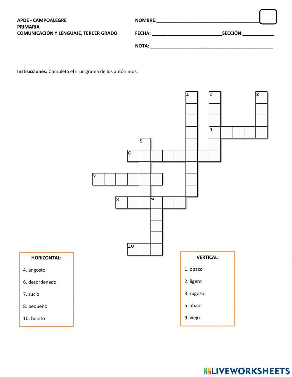 Crucigrama de los antónimos