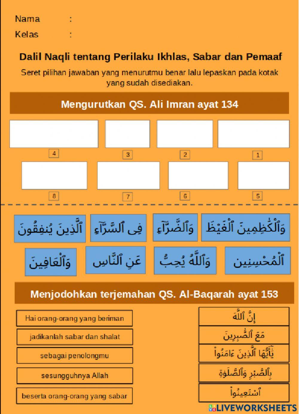 Dalil tentang perilaku ikhlas, sabar dan pemaaf