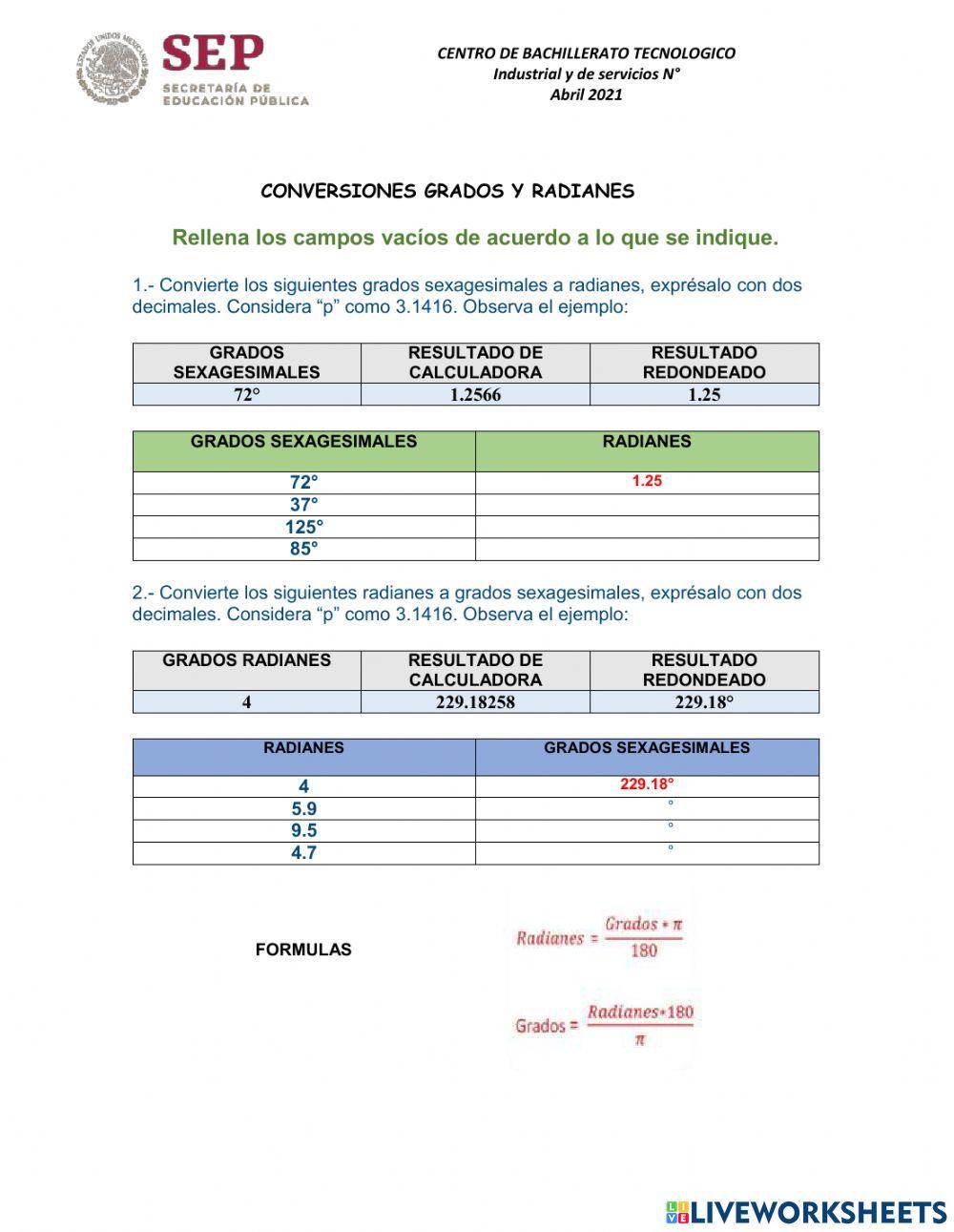 Conversiones de grados a radianes