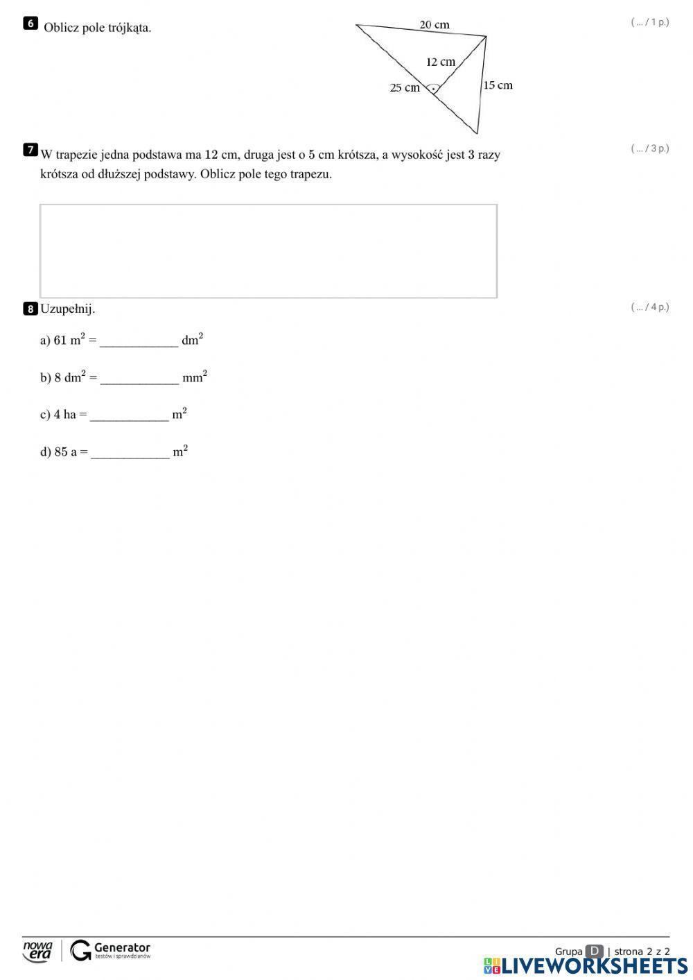 Sprawdzian klasa 5 pola figur 2