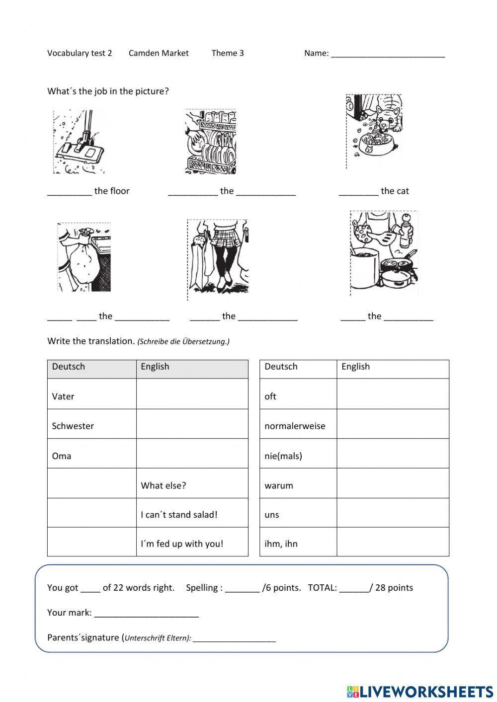 Vocabulary Test Camdem Market 1 Theme Three Jobs around the house