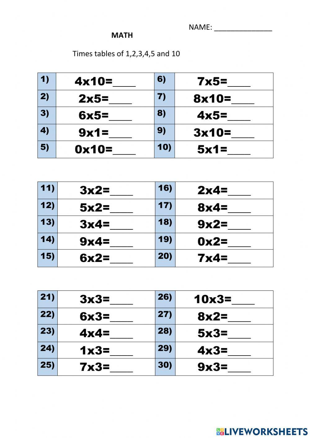 Times tables 1,2,3,4,5 and 10