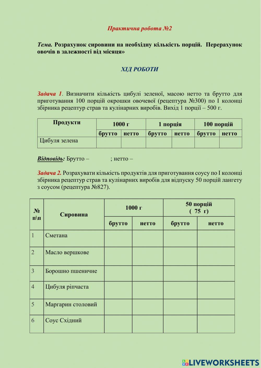 Розрахунок сировини на необхідну кількість порцій