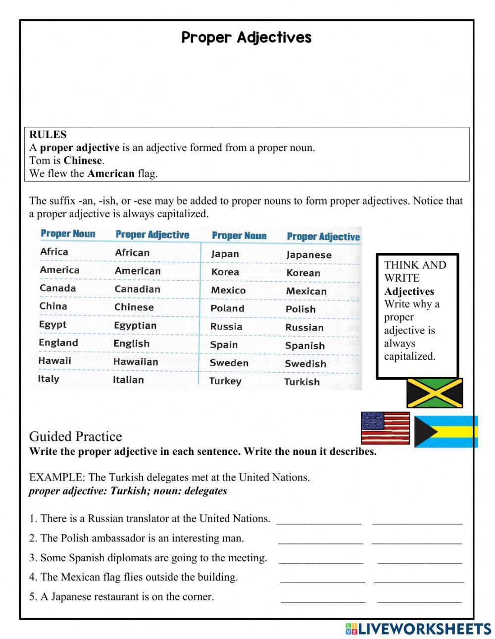 Proper Adjectives worksheet Proper Adjectives worksheet