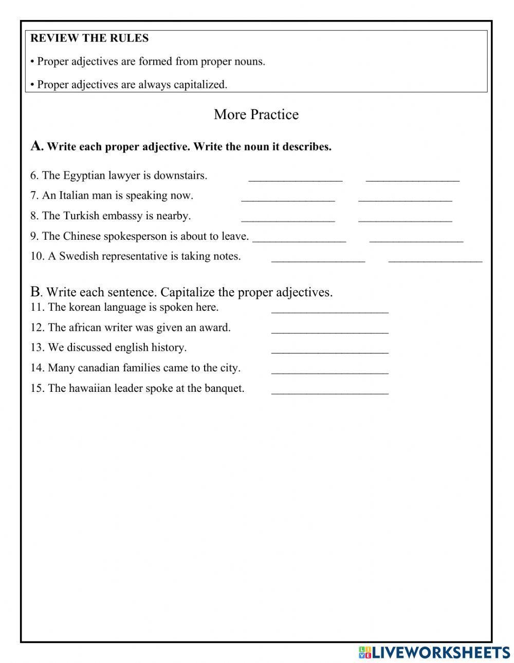 Proper Adjectives worksheet Proper Adjectives worksheet