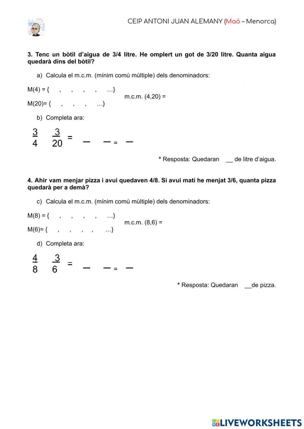 Suma i resta de fraccions amb diferent denominador