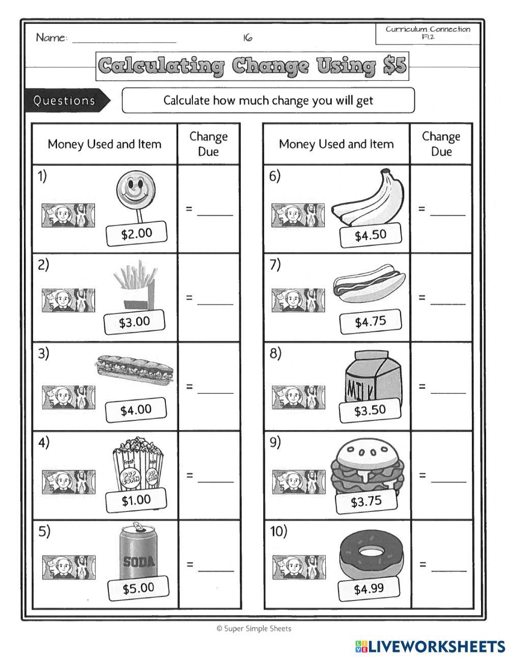 Calculating money online exercise for live worksheets
