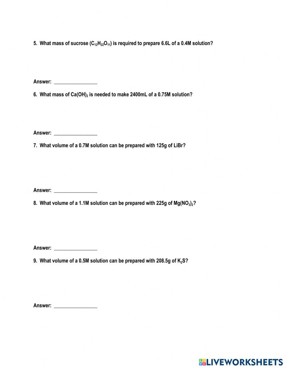 Molarity Problems online exercise for Live Worksheets