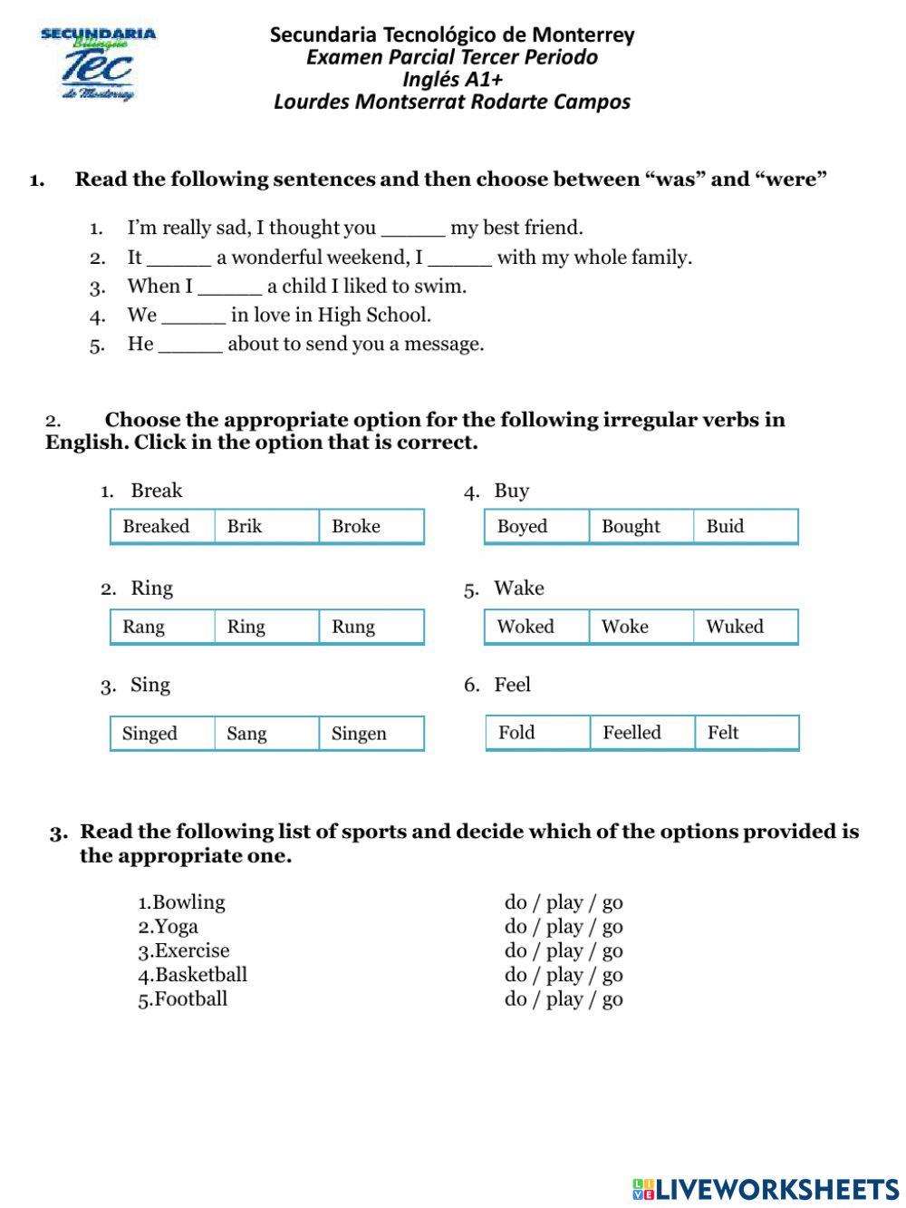 Examen parcial Tercer Periodo Inglés A1+