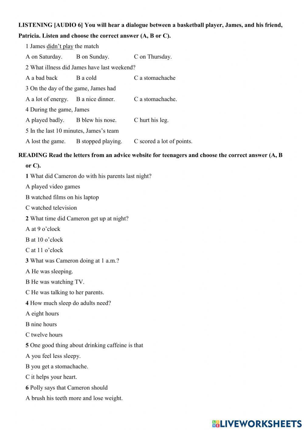 English Class A2+ unit 6