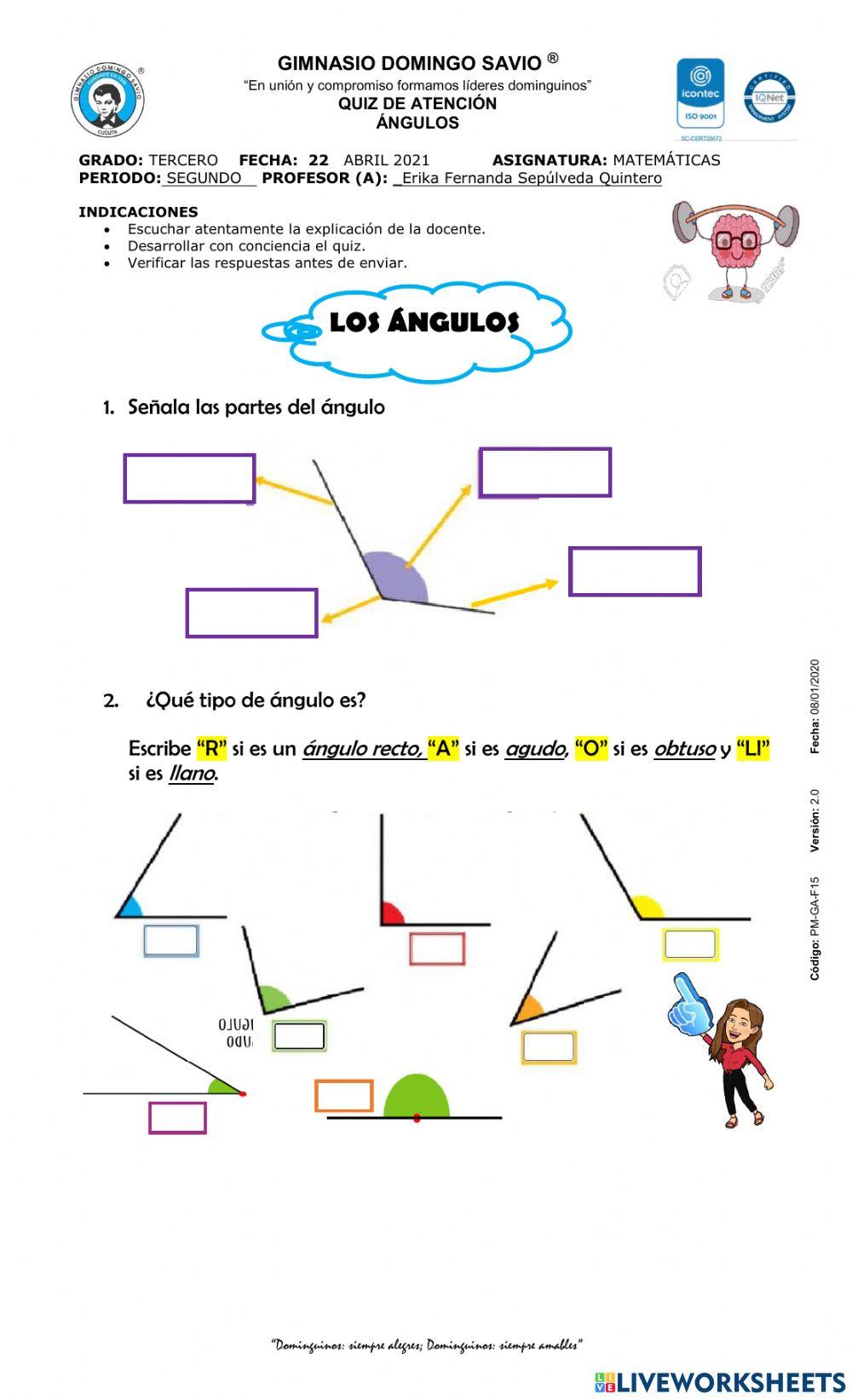Quiz de atención: ángulos worksheet