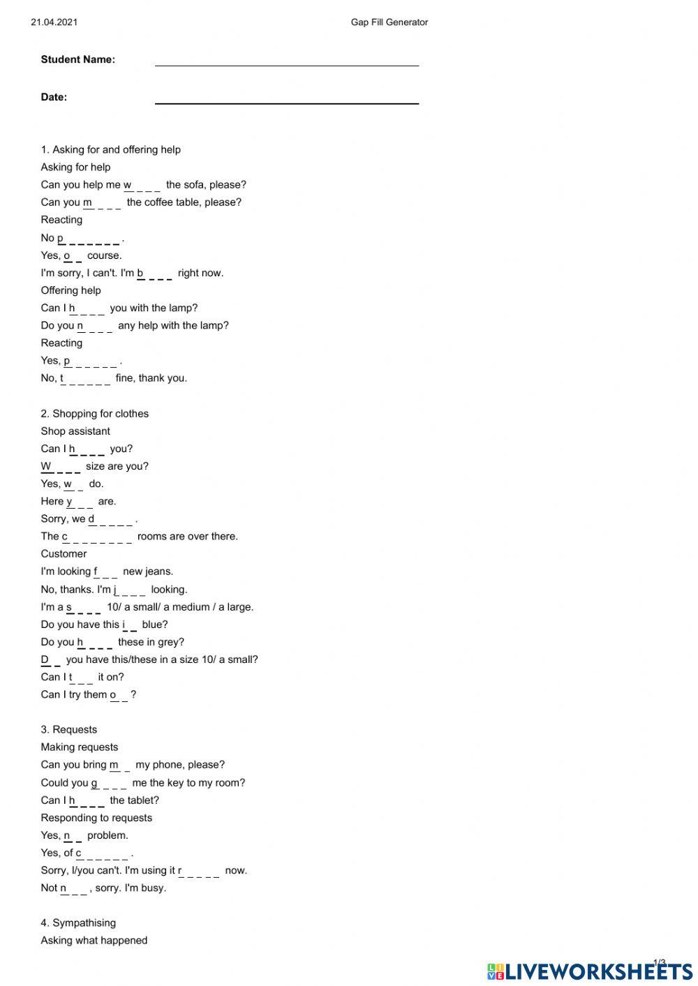 English Class A2 Speaking gaps units 1-8 worksheet | Live Worksheets