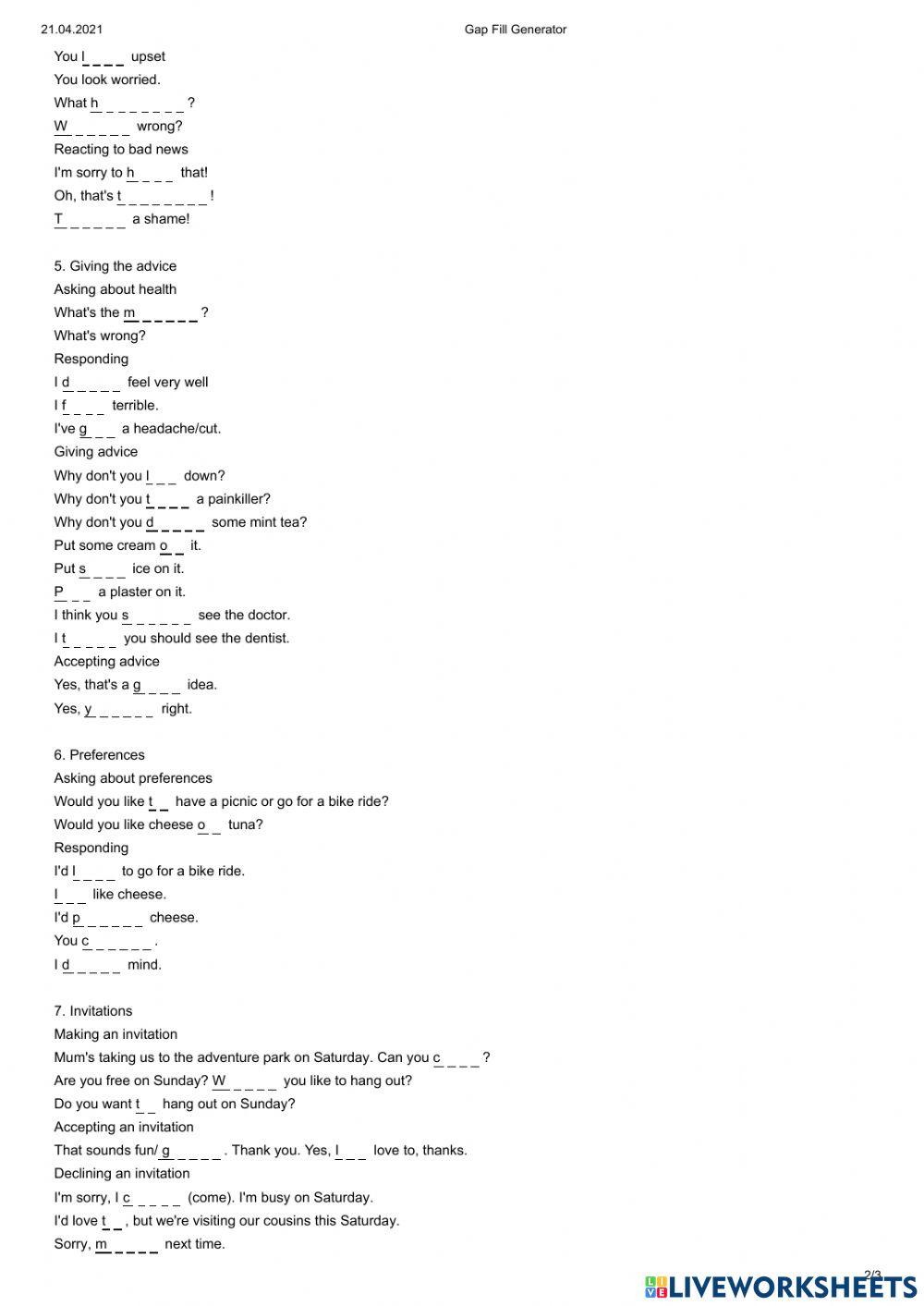 English Class A2 Speaking gaps units 1-8
