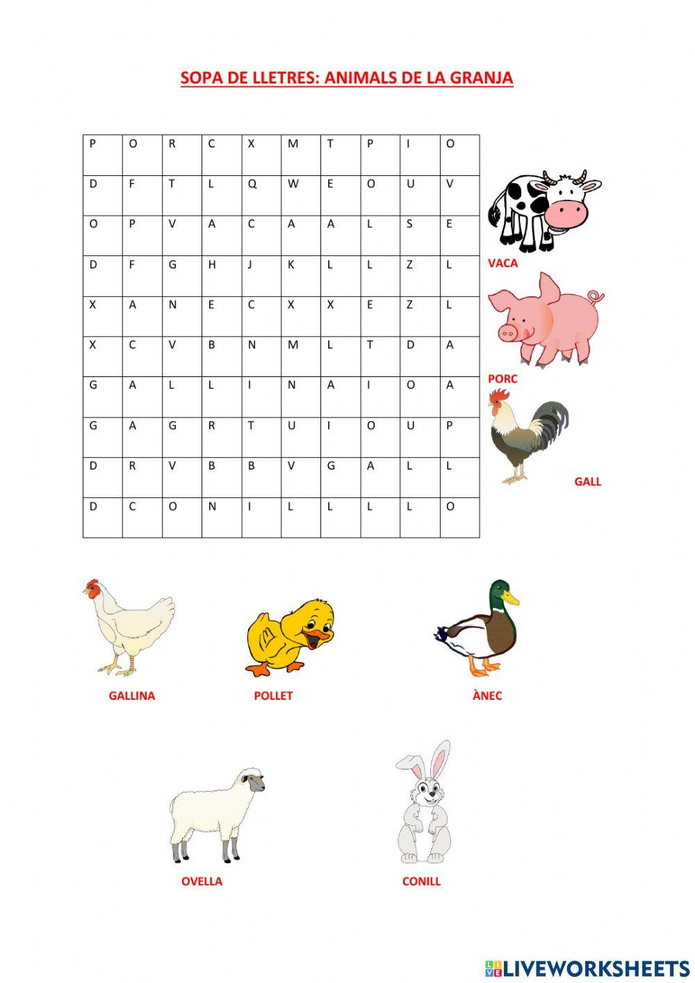 Sopa de lletres. Animals de la granja