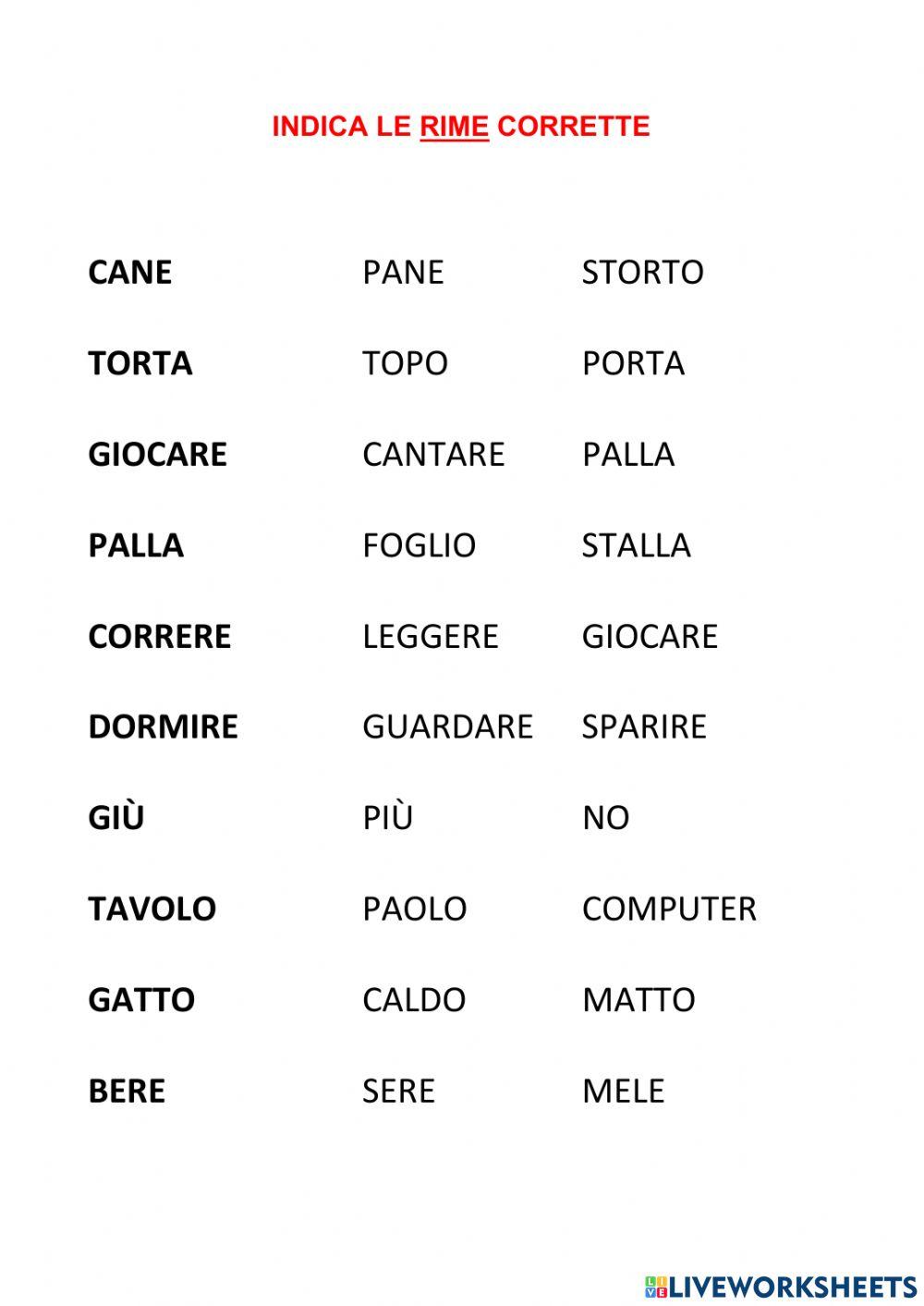 Trova la rima worksheet Live Worksheets