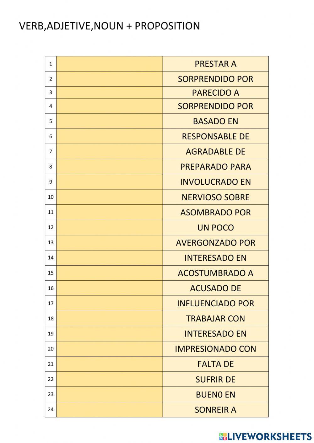 Verb,adjetive,noun+preposition