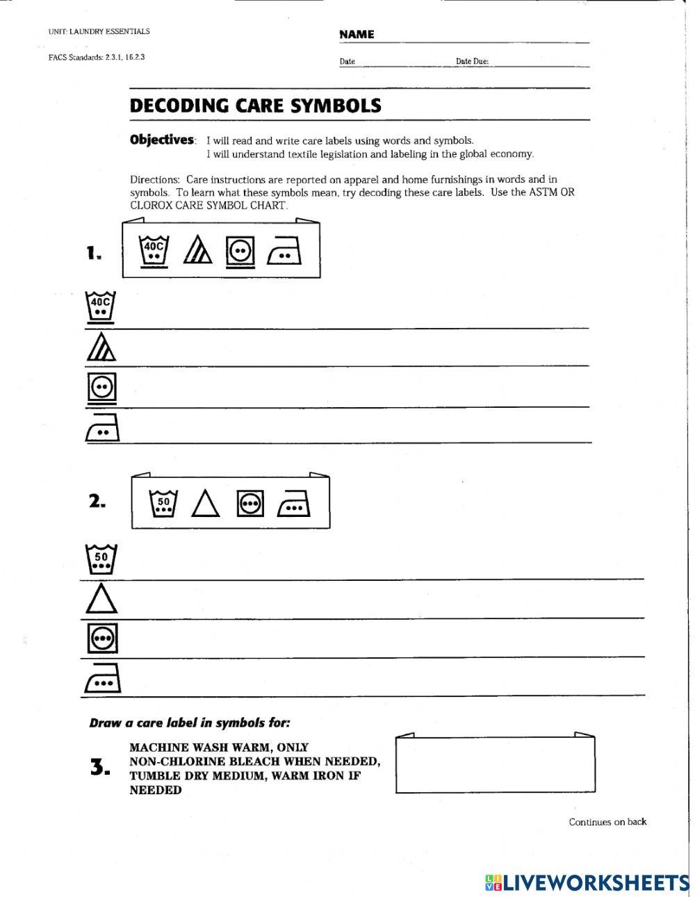 Care Label Symbols Worksheet