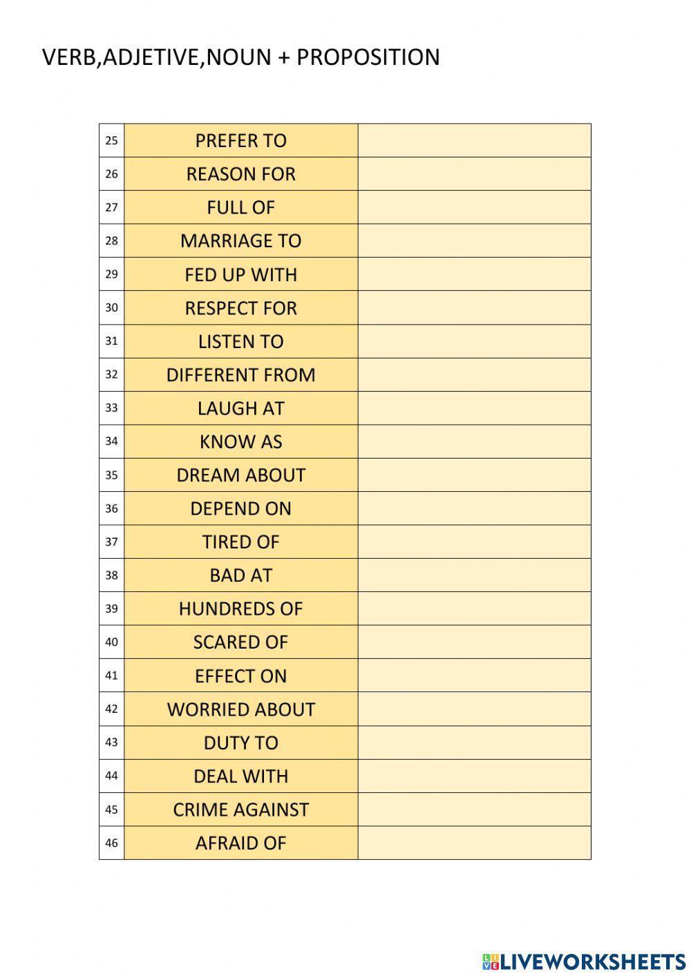Verb,adjetive,noun+preposition