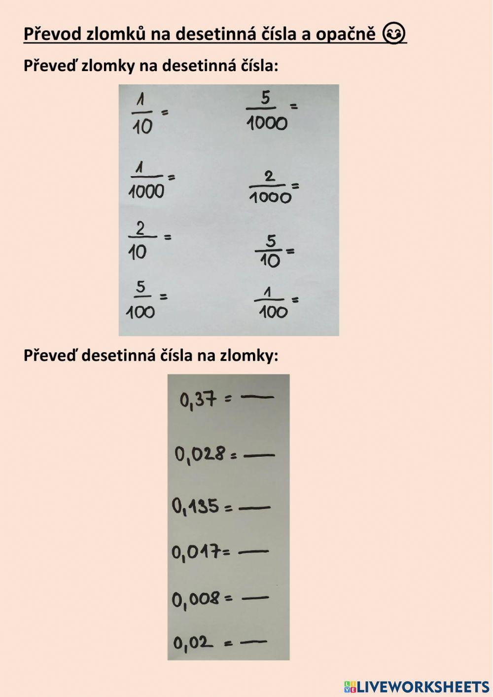 Převod zlomků na desetinná čísla a opačně