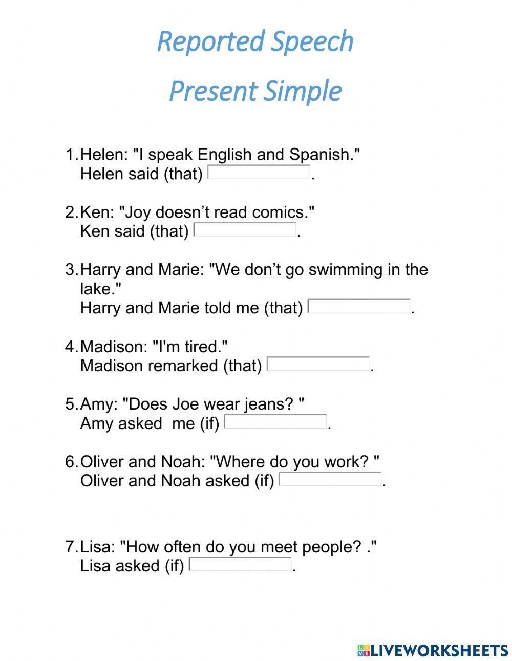 reported speech present simple worksheet pdf