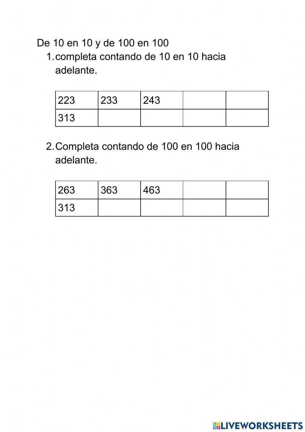 De 10 en 10 y de 100 en 100