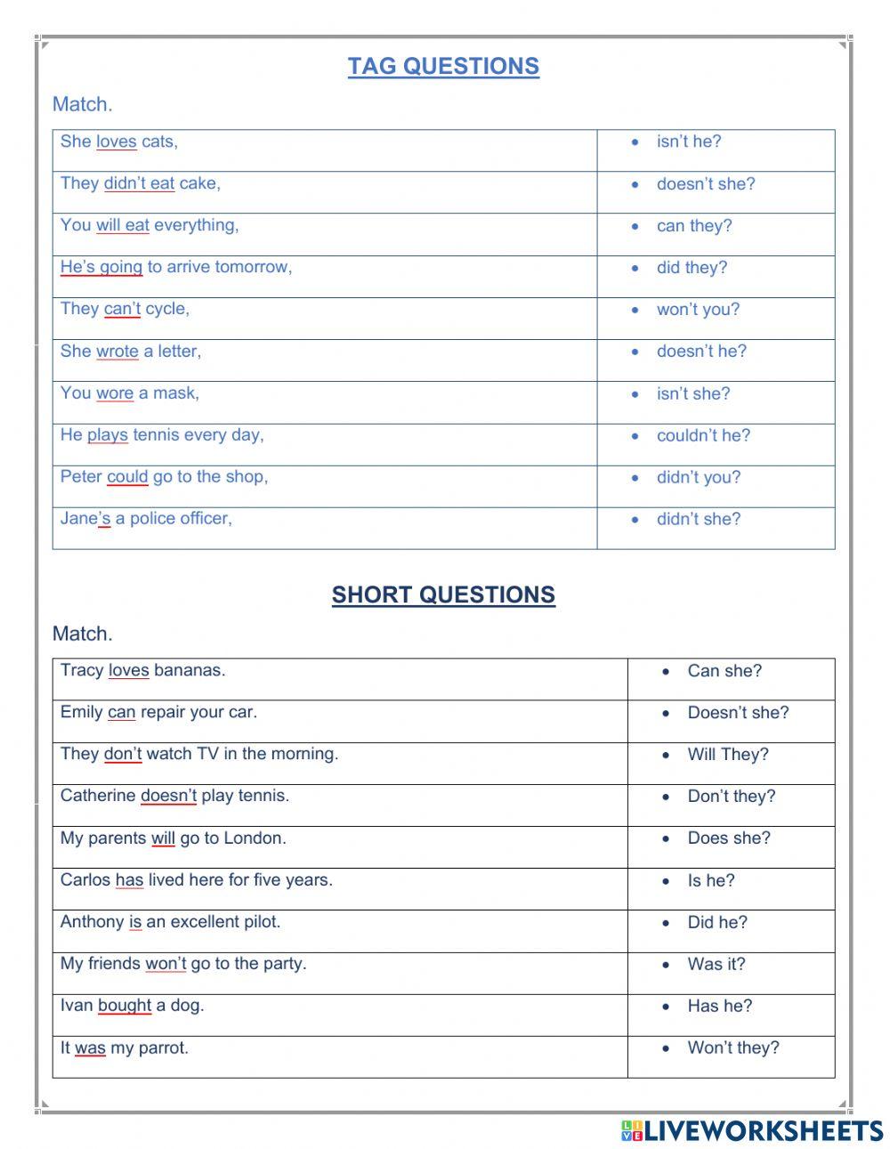 Tag questions - short questions 933028 | MissMora01