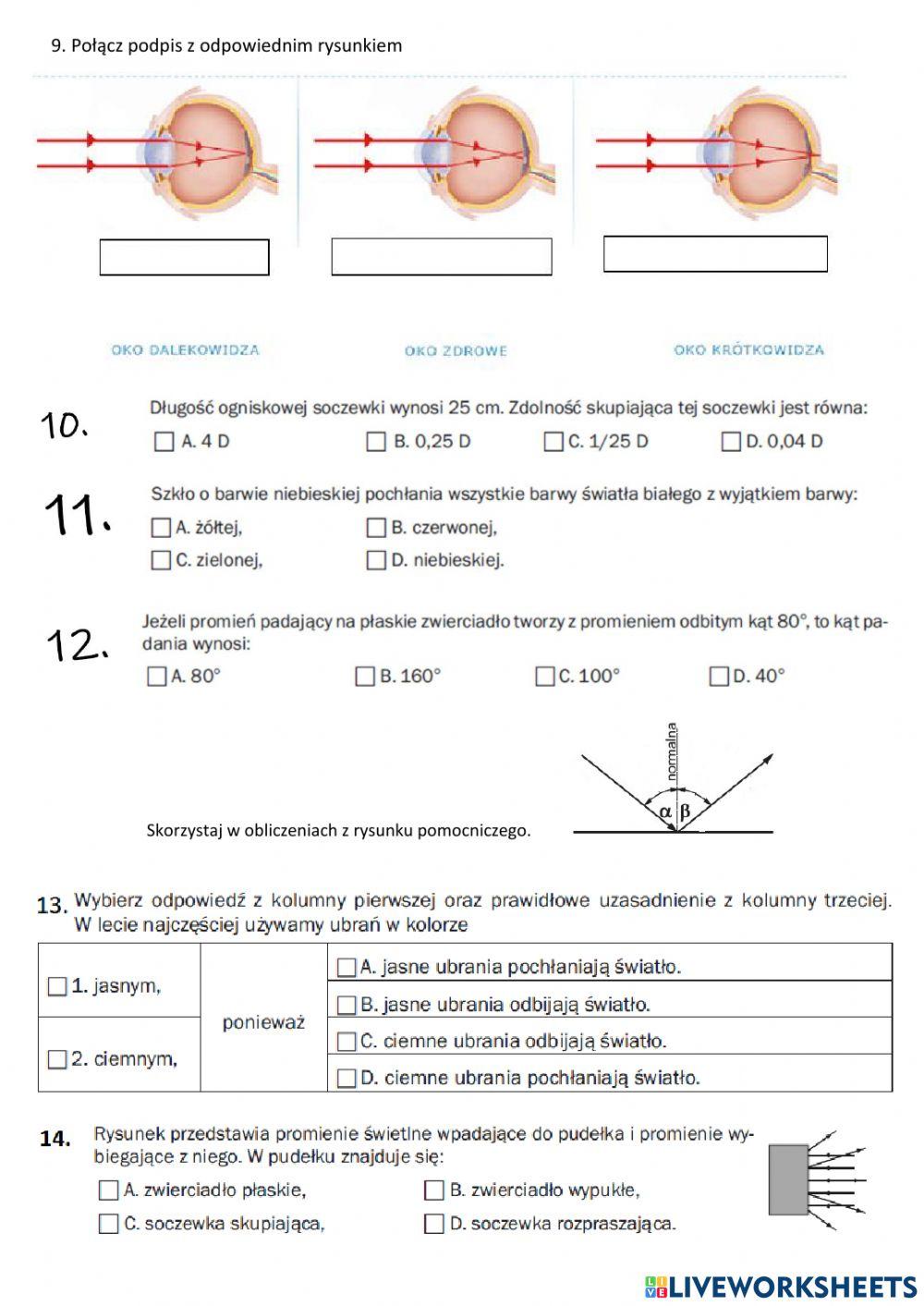 Optyka praca klasowa klasa 8