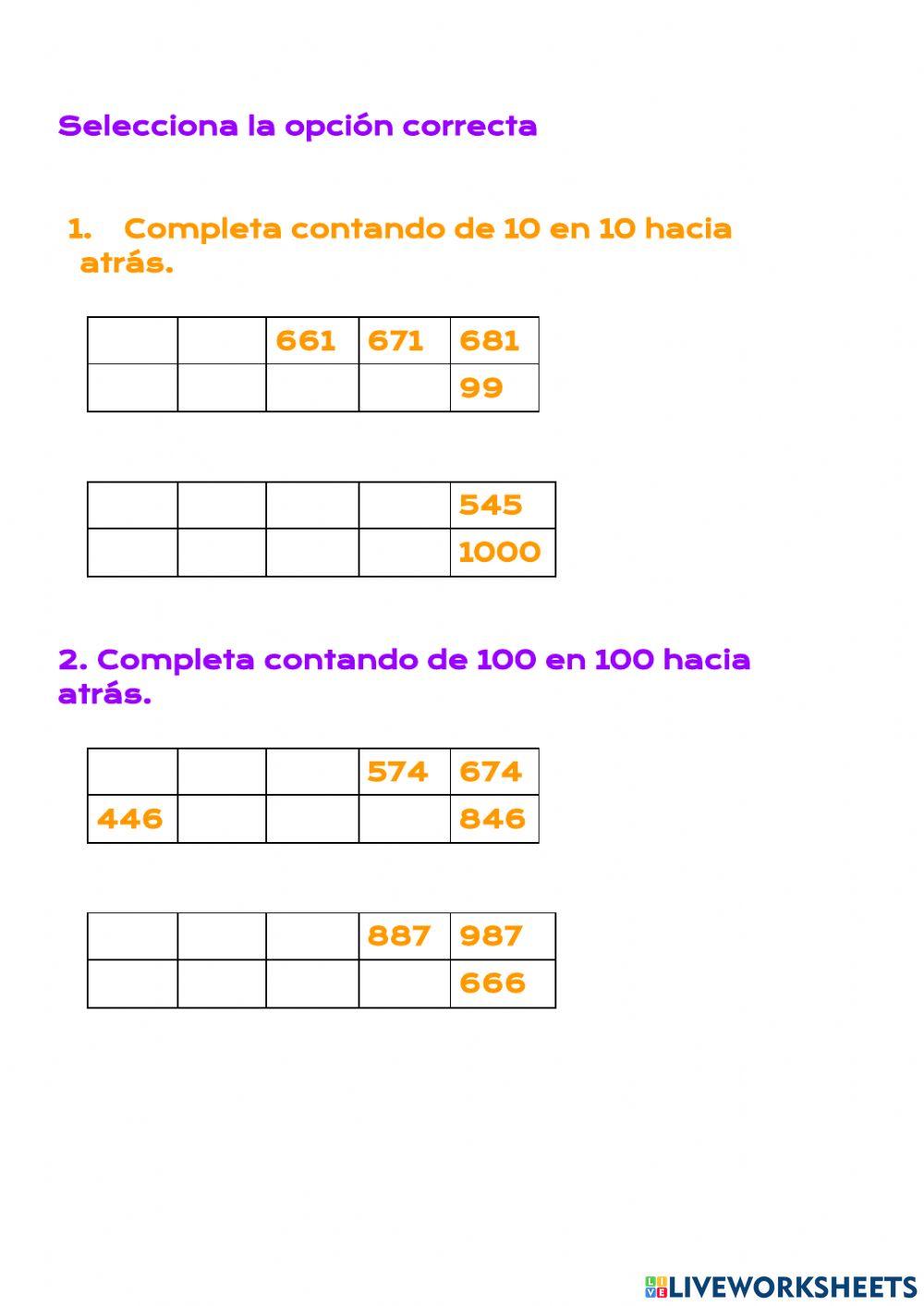 Contamos de 10 en 10 y de 100 en 100 hacia atrás