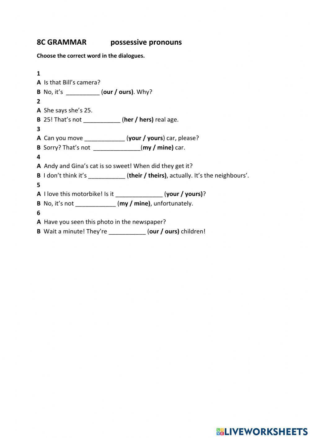 933410 | 8C Possessive pronouns | bdm | LiveWorksheets