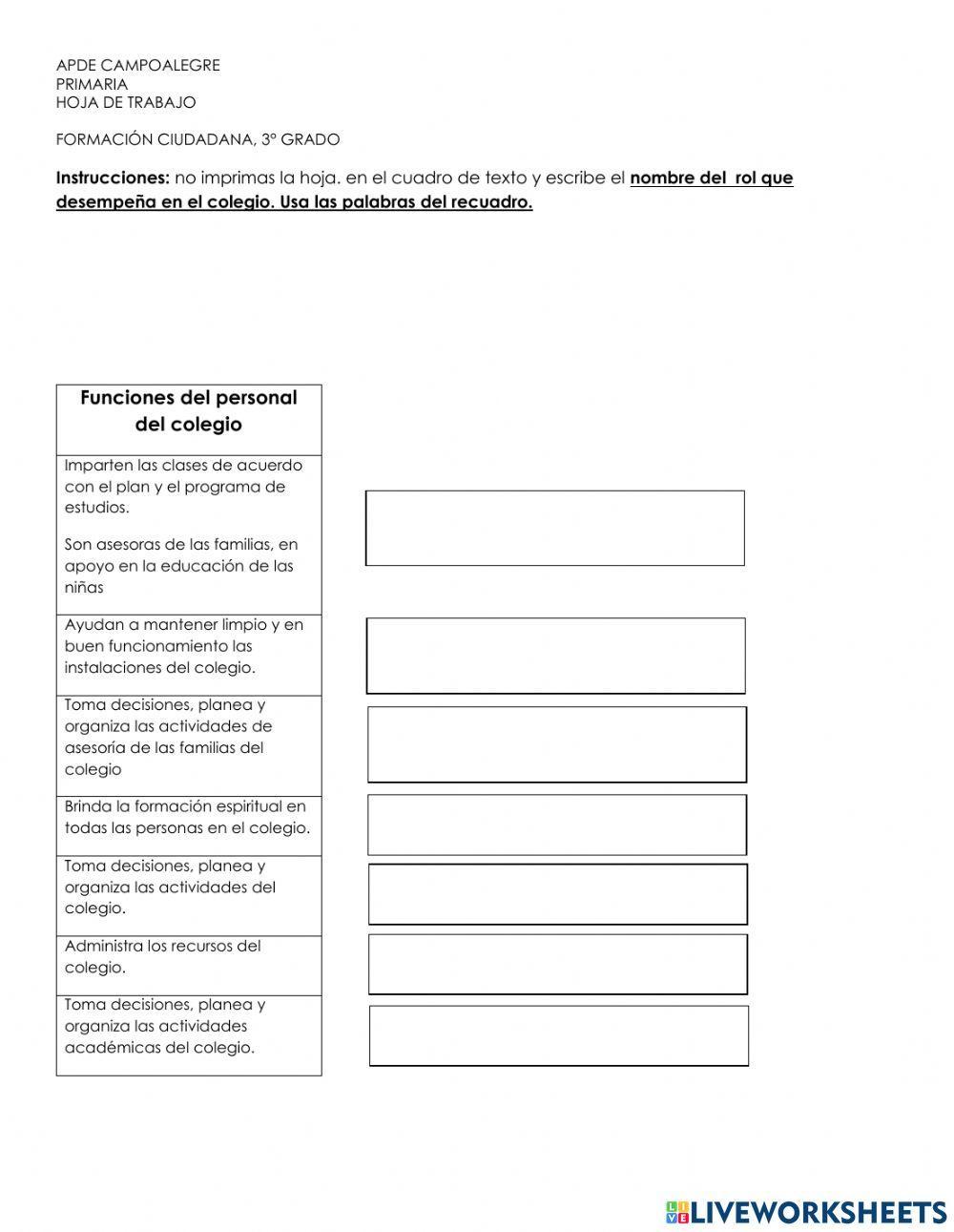 Rol de las personas en el colegio