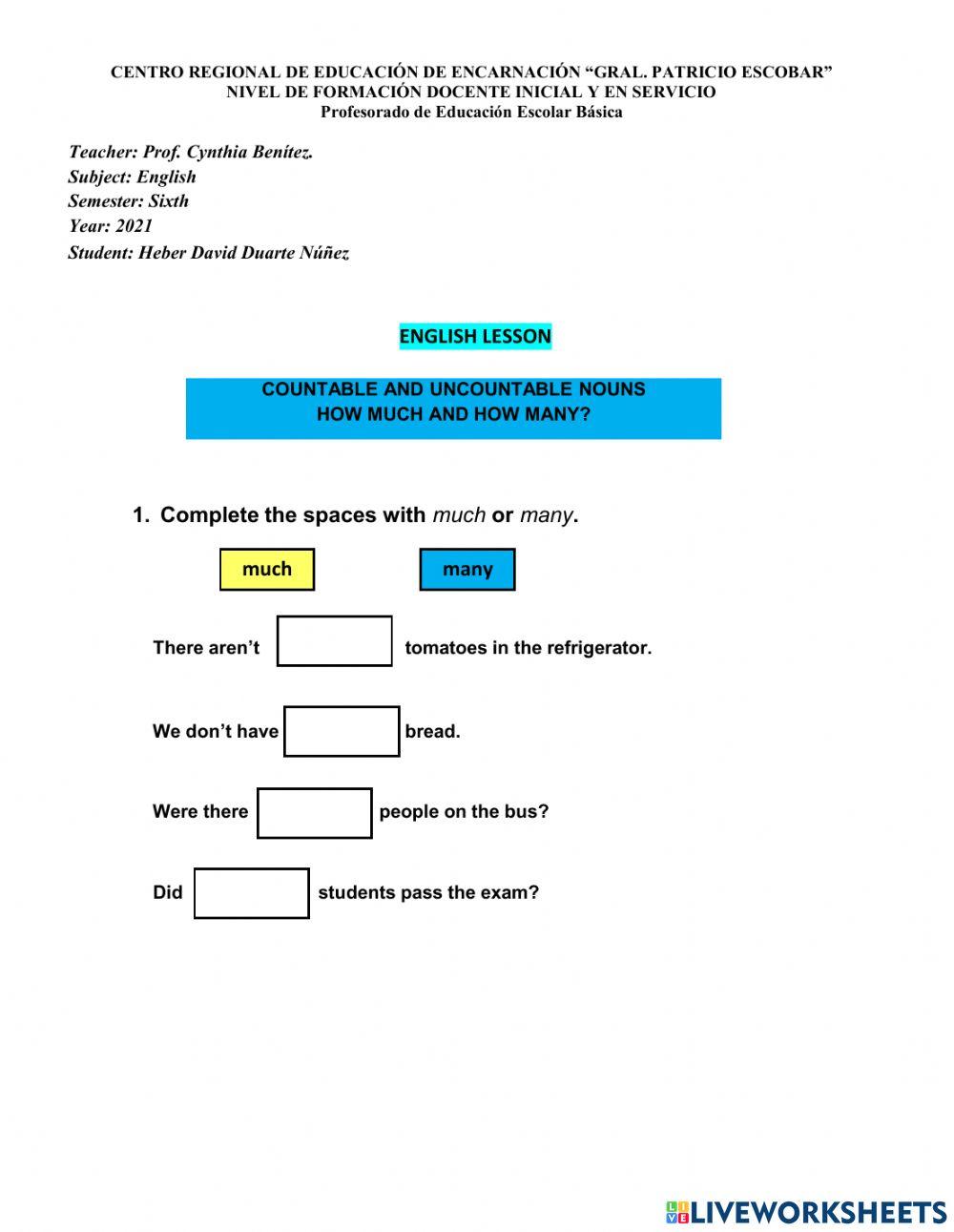 MUCH or MANY | Live Worksheets