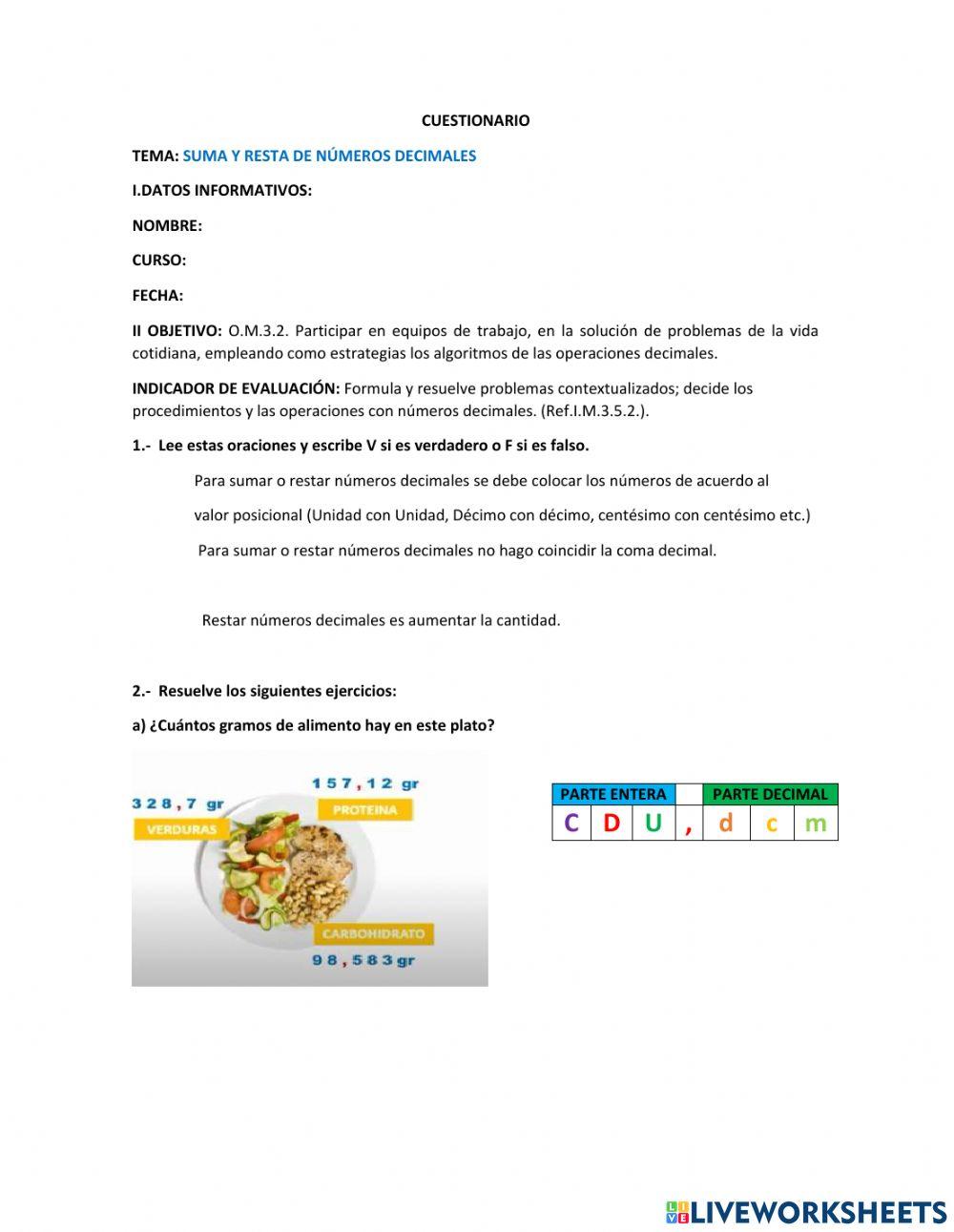 Suma y resta de números decimales