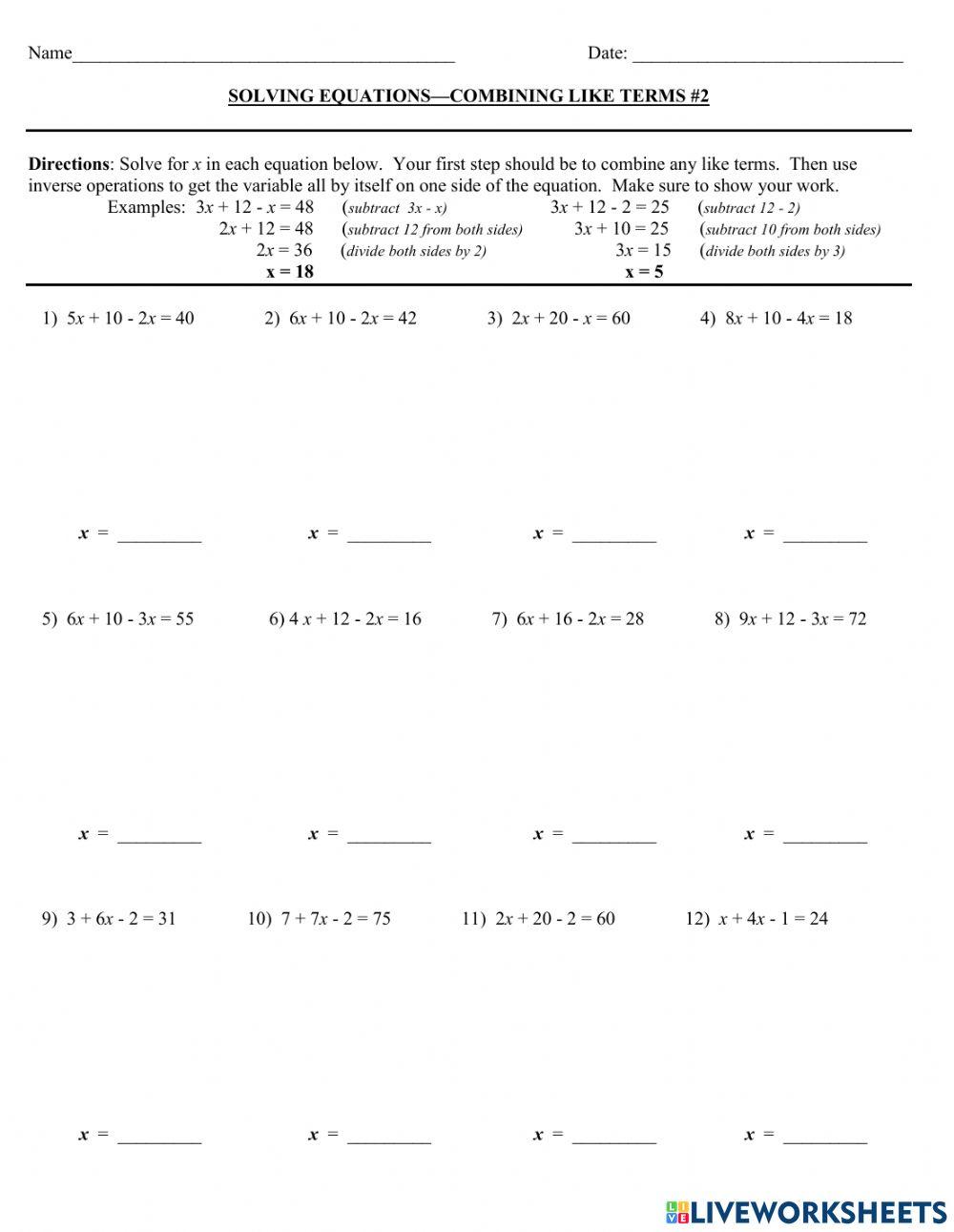 Linear Equation online worksheet | Live Worksheets