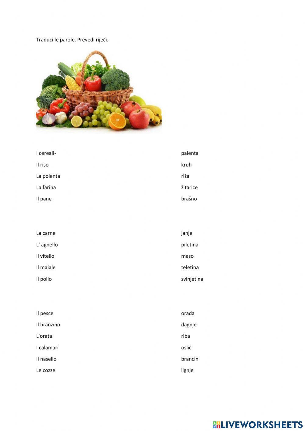 Frutta , verdura, carne, pesce