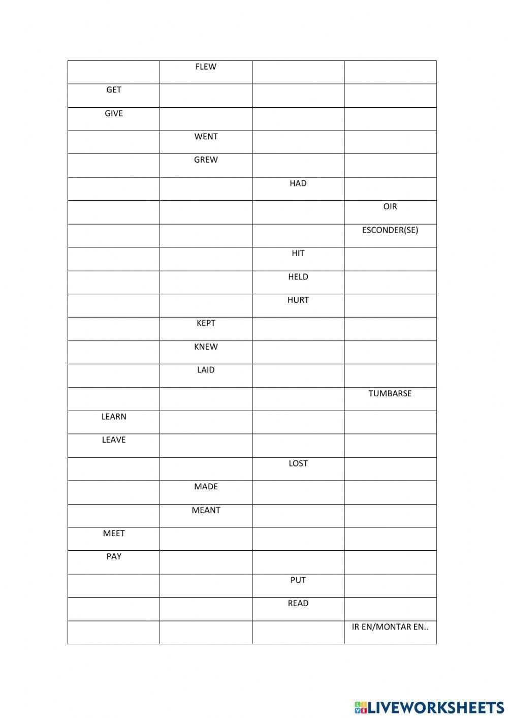 Irregular verbs Exam