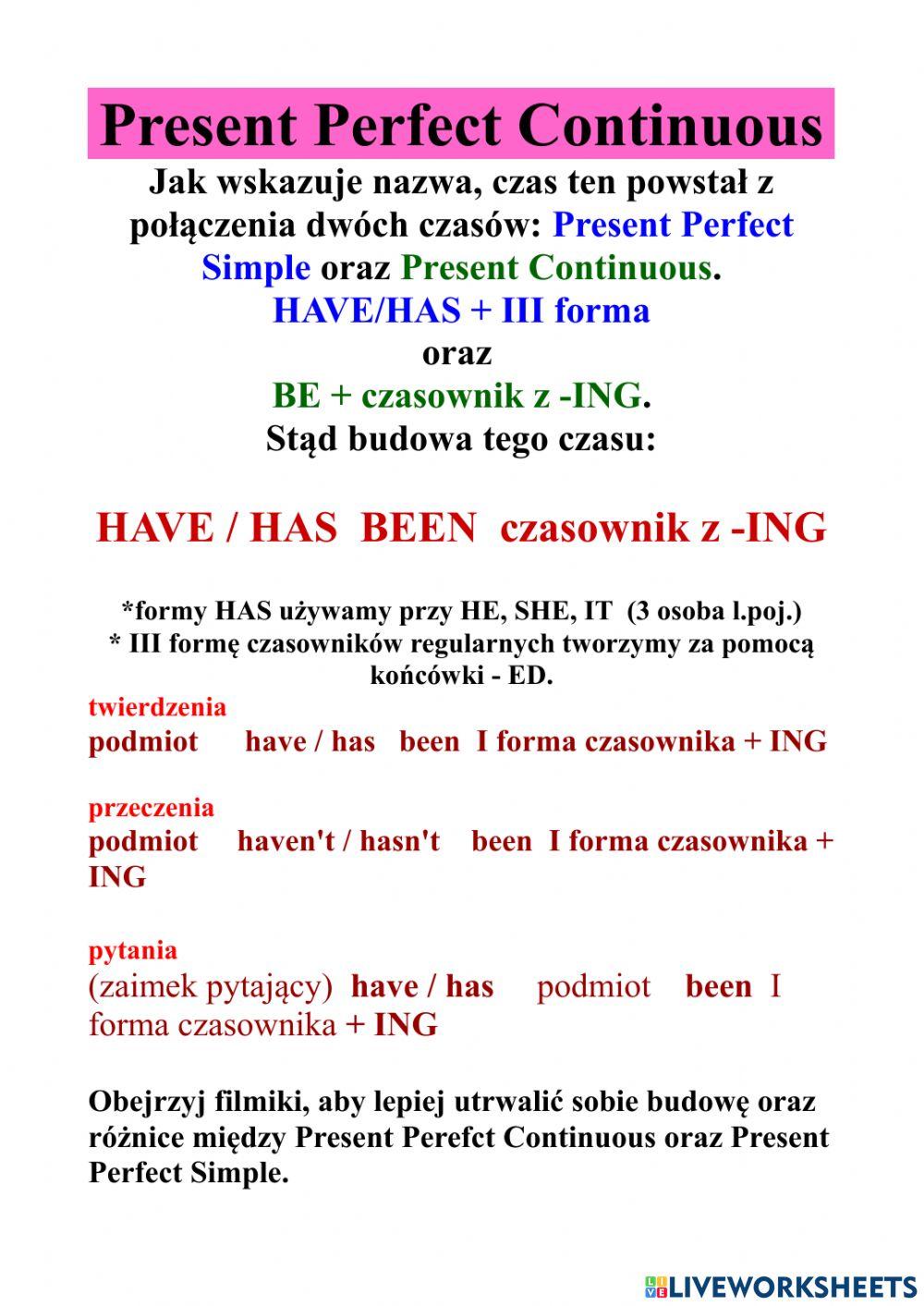 Present Perfect Continuous activity for a2 Live Worksheets