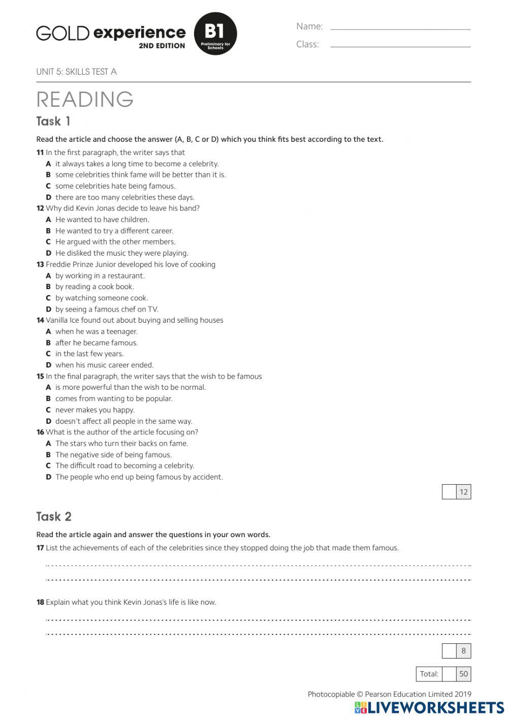 Gold experience b1 unit 5 skills test online exercise for live worksheets