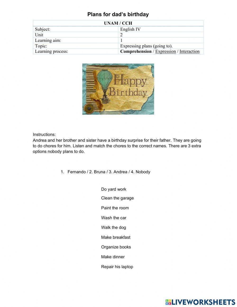 E4U2 Plans for dad's birthday B