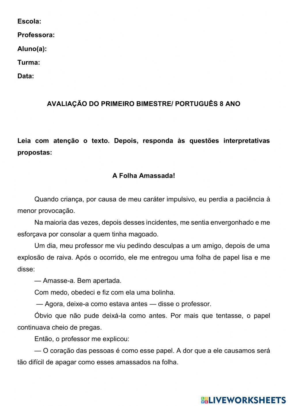 Processo De Avaliação Bimestral Remoto 01 PORTUGUÊS