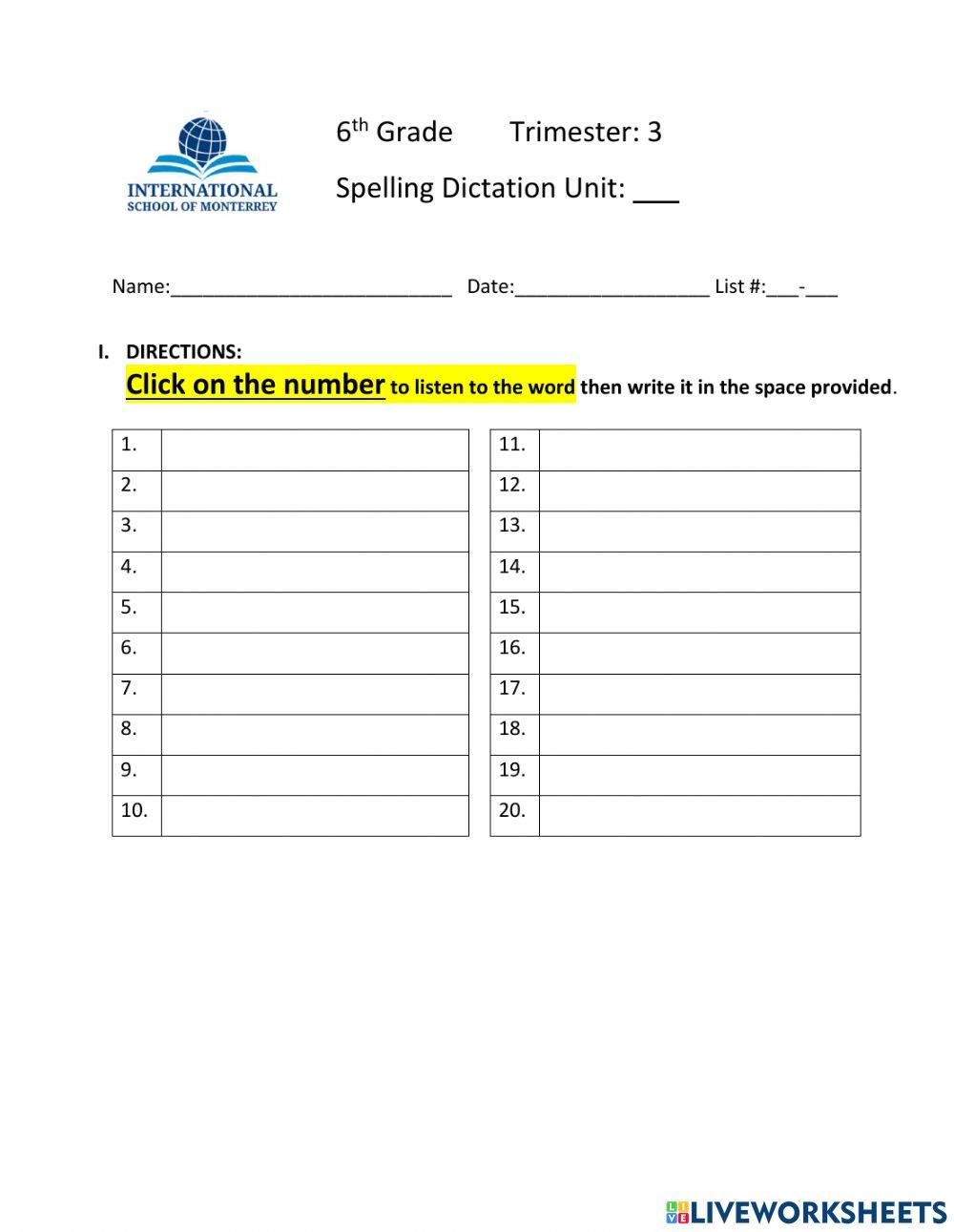 Friday Spelling Quiz TEMPLETE with listen