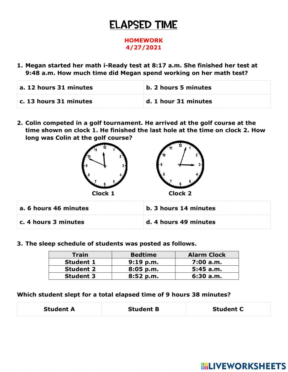 Elapsed Time Homework -2