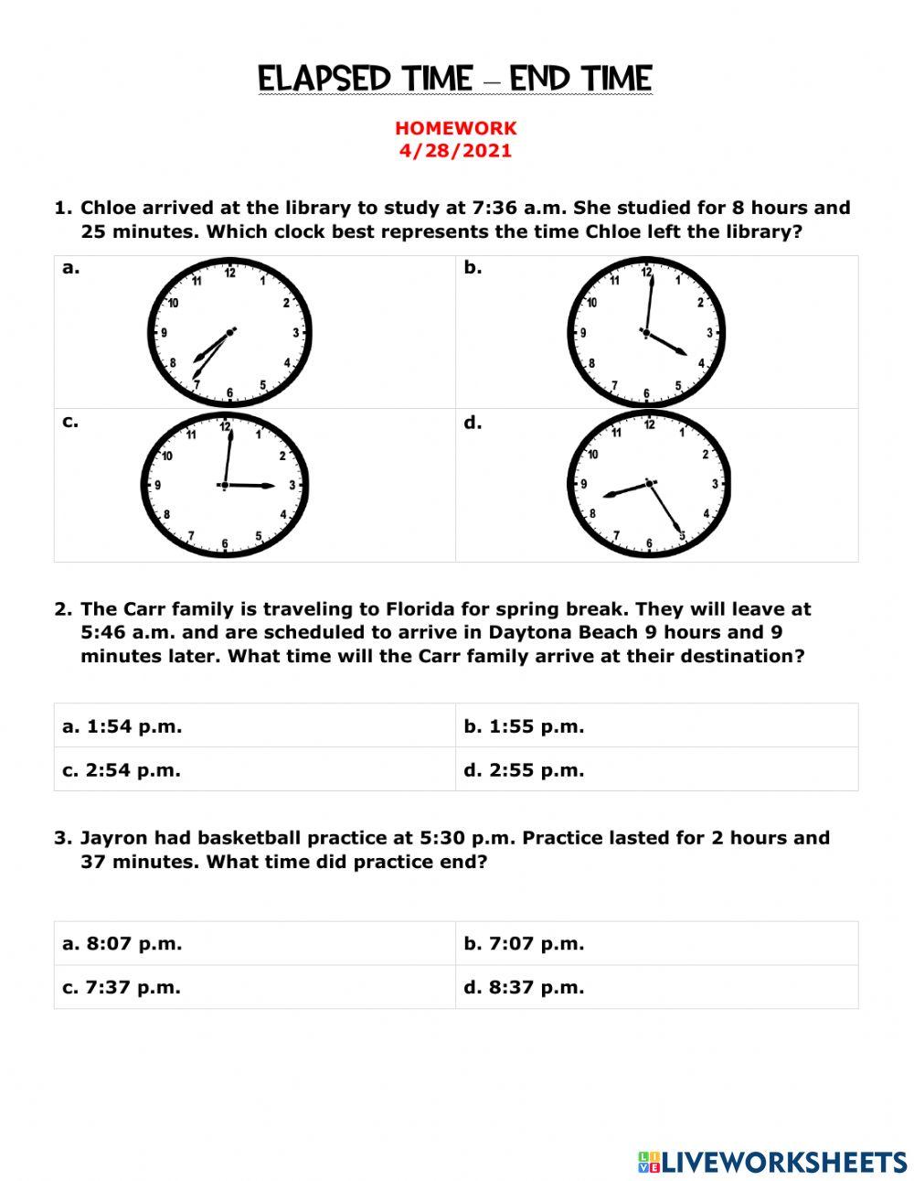 Elapsed Time - End Time Homework